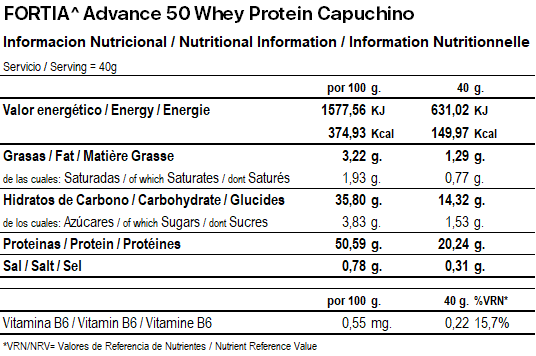 Advance 50 Whey Protein Capuchino_Info Nutricional